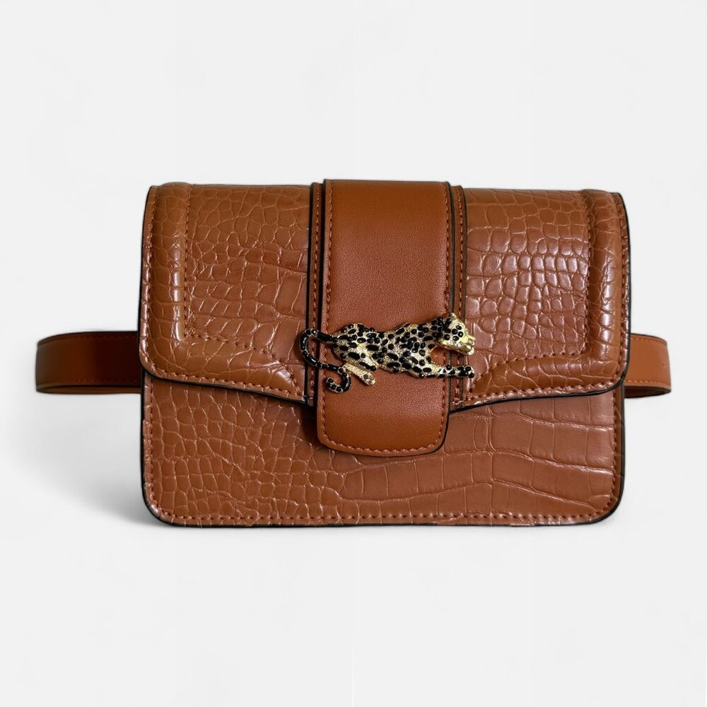 Topshop Leopard Brown Faux Leather Adjustable Waist Belt Bag - Picture 2 of 9